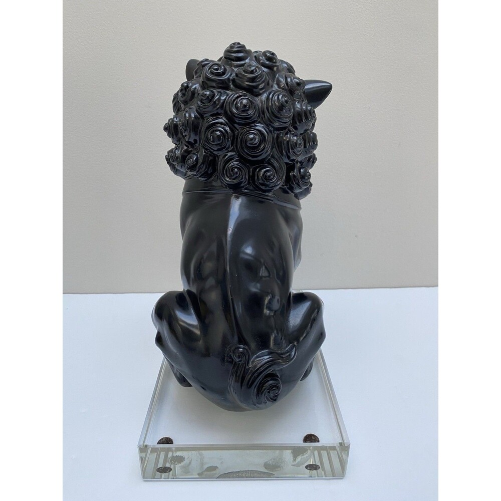 Modern Black Heavy Ceramic Chinese Foo Dog on Large Lucite Base Statue / Bookend - Picture 3 of 10